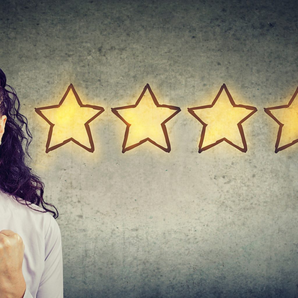 Heerful Beautiful Woman Smiling Celebrating Five Stars Rating Fo