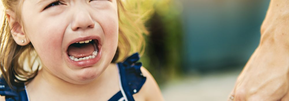Close Up Portrait Of Crying Little Toddler Girl With Outdoors Ba